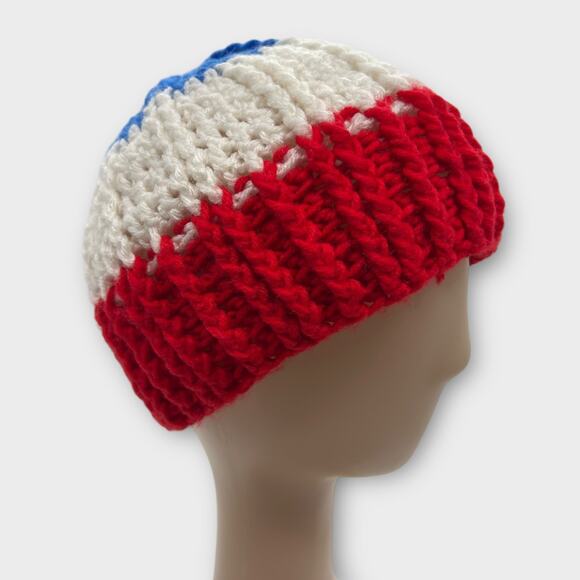 Knit Woven Wide Red White and Blue Stripe Beanie Hat Winter Hat X-Small - Picture 1 of 8